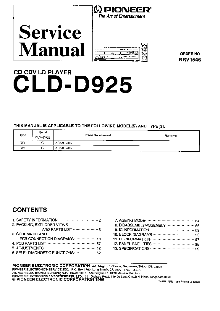 PIONEER CLD-D925 RRV1546 service manual (1st page)
