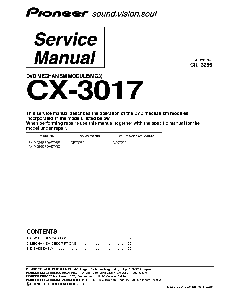 PIONEER CX3017 DVD MECHANISM service manual (1st page)