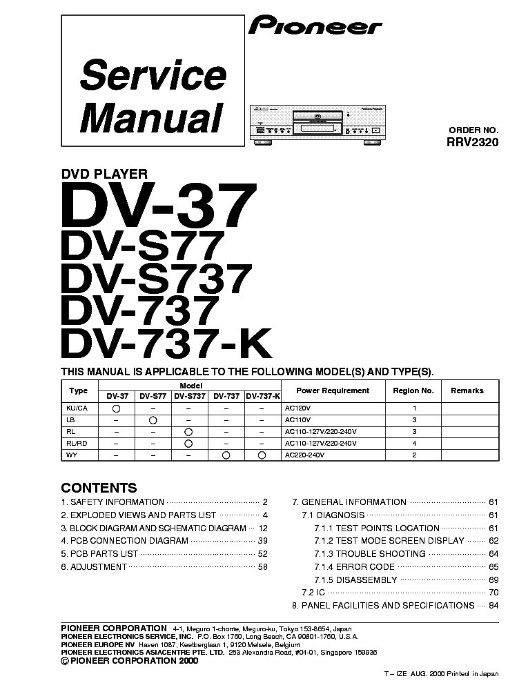 PIONEER DV-37 737-K S77 S737 RRV2320 SM service manual (1st page)