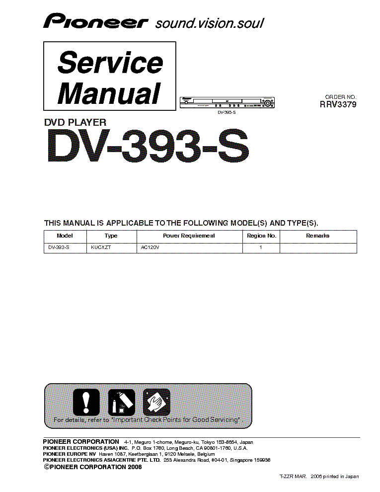 PIONEER DV-393-S RRV3379 DVD PLAYER service manual (1st page)