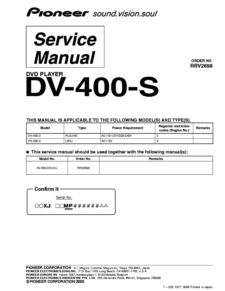 PIONEER DV-400-S RRV2698 DVD PLAYER service manual (1st page)