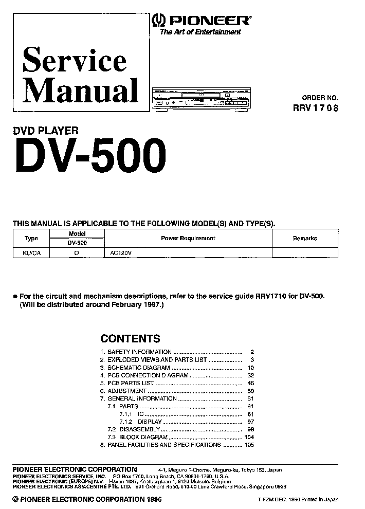 PIONEER DV-500 RRV1708 DVD-PLAYER service manual (1st page)