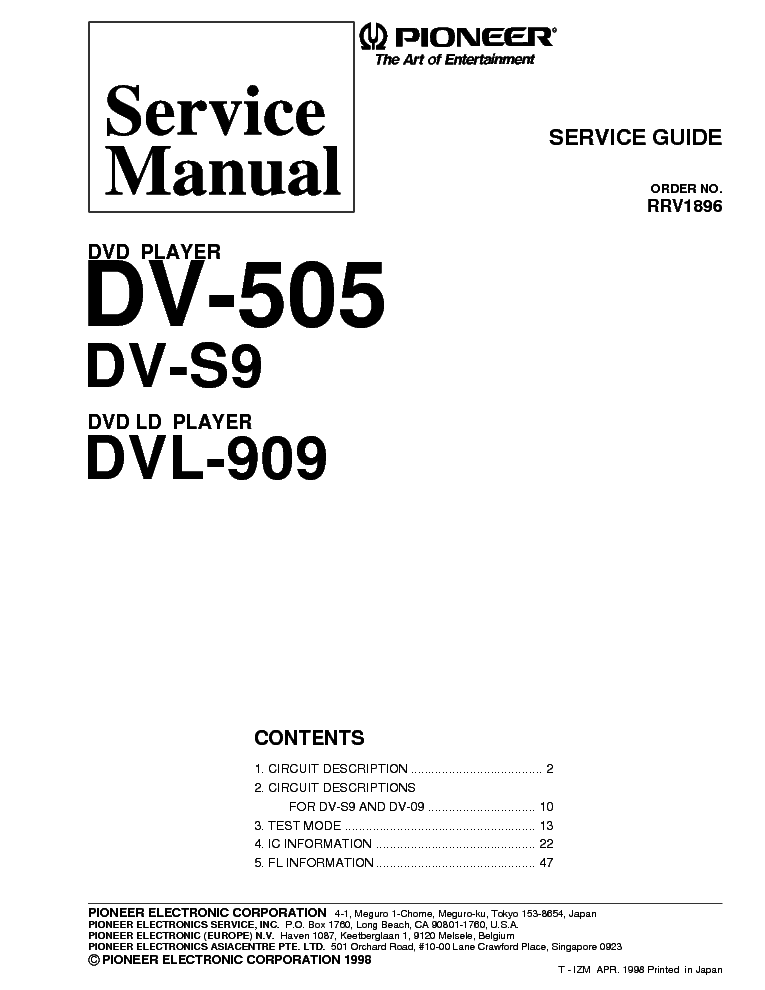 PIONEER DV-505 DV-S9 DVL-909 RRV1896 DVD PLAYER service manual (1st page)