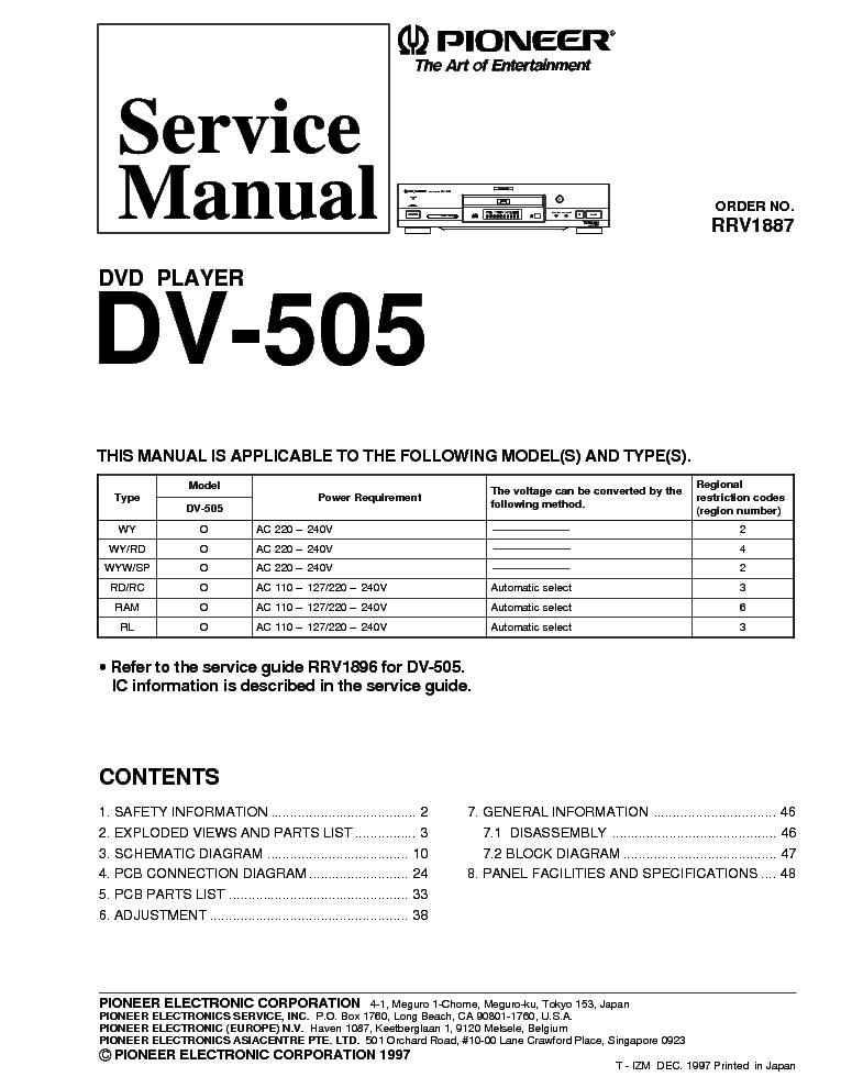 PIONEER DV-505 RRV1887 DVD PLAYER service manual (1st page)
