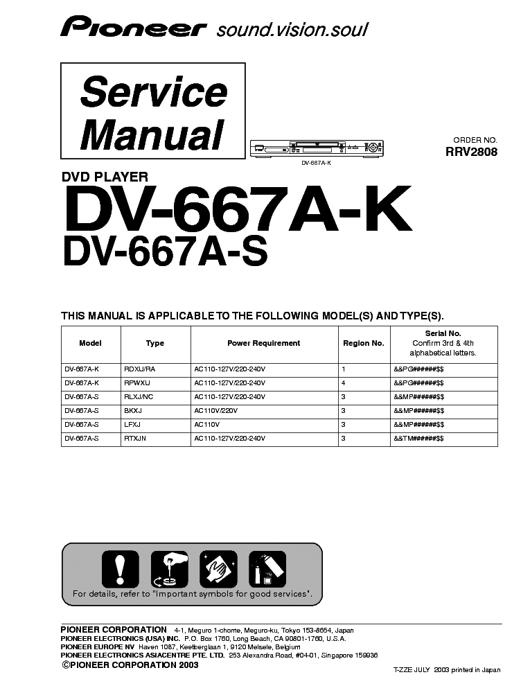 PIONEER DV-667A-K DV-667A-S RRV2808 DVD PLAYER service manual (1st page)