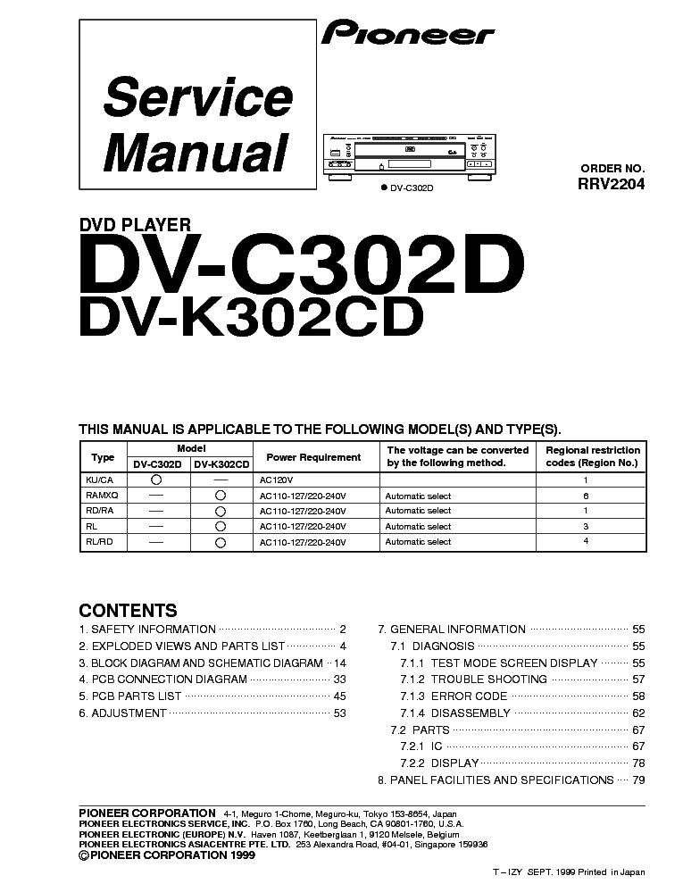 PIONEER DV-C302D DV-K302CD RRV2204 DVD PLAYER service manual (1st page)