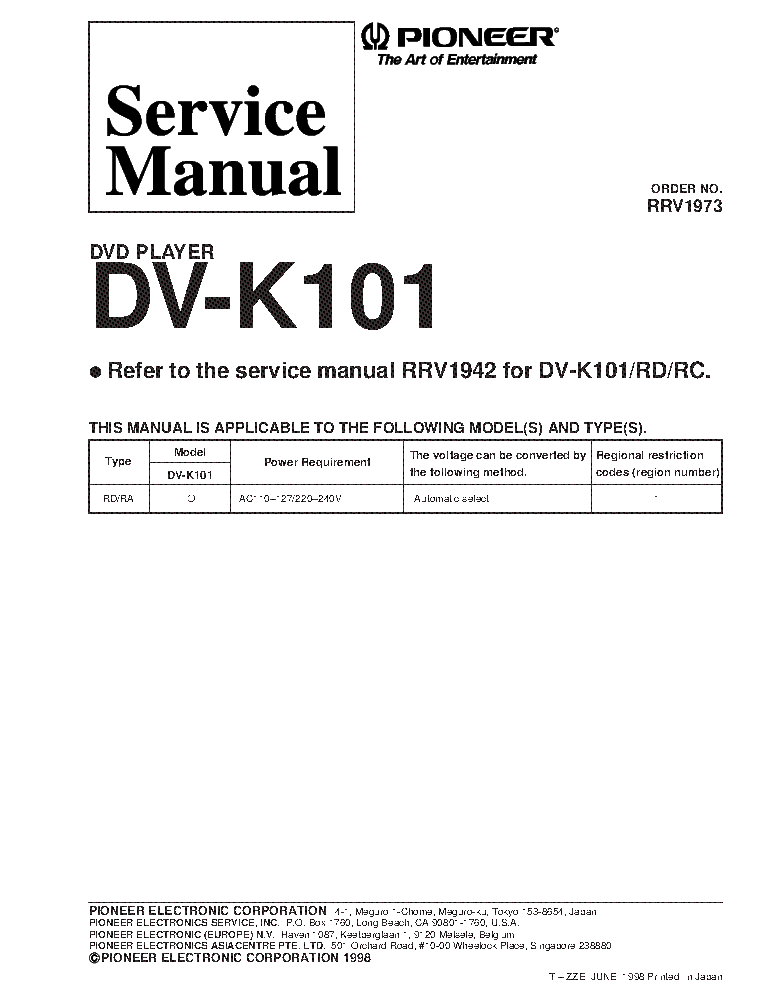 PIONEER DV-K101 RRV1973 SUPPLEMENT service manual (1st page)