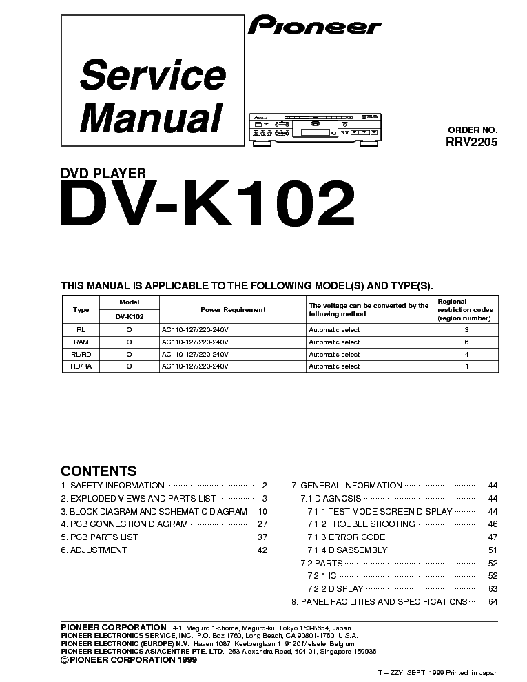 PIONEER DV-K102 SM Service Manual download, schematics, eeprom, repair ...
