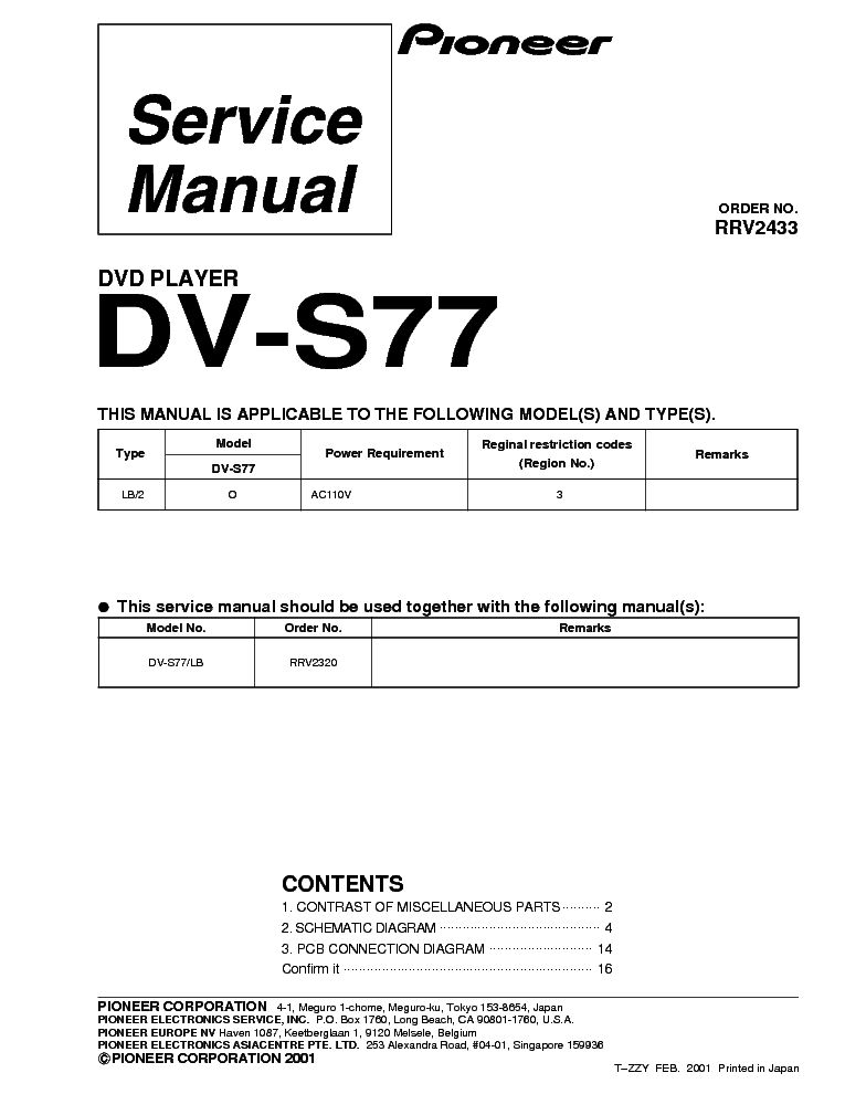 PIONEER DV-S77 RRV2433 DVD PLAYER service manual (1st page)