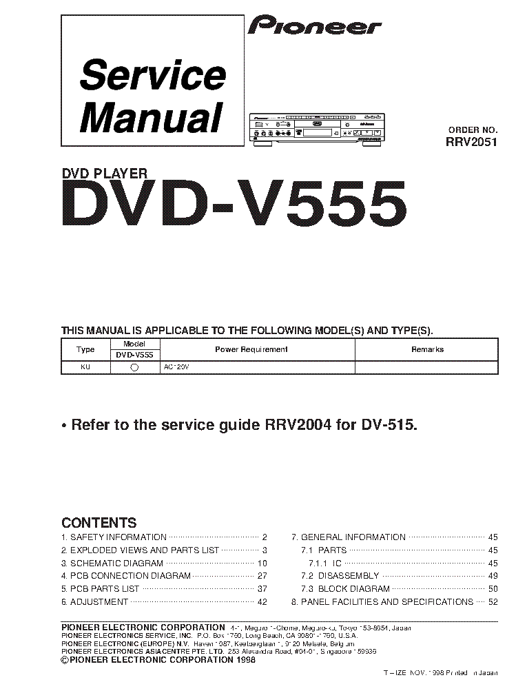 PIONEER DVD-V555 RRV2051 service manual (1st page)