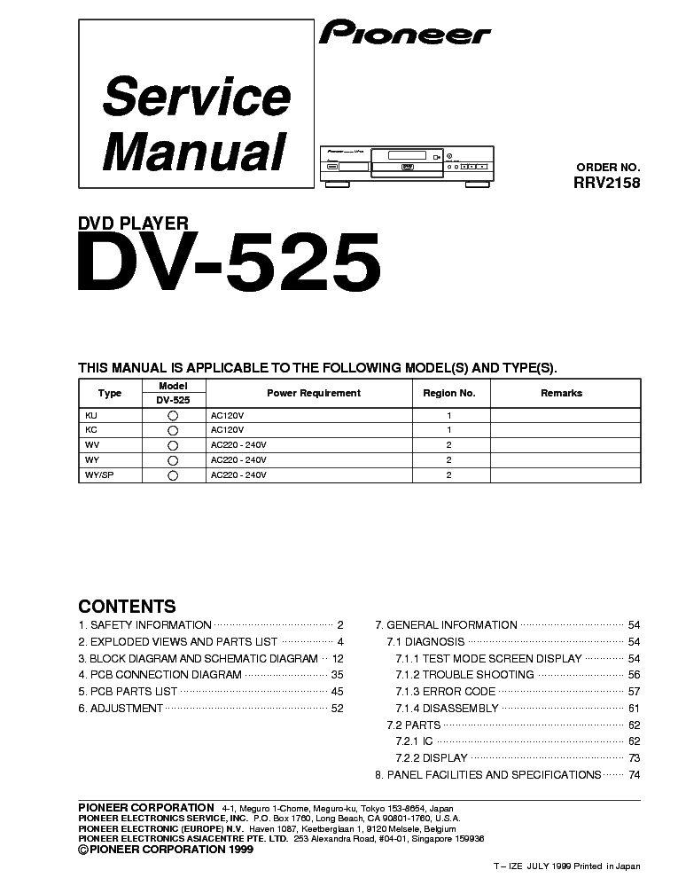 PIONEER DVD DV525 service manual (1st page)