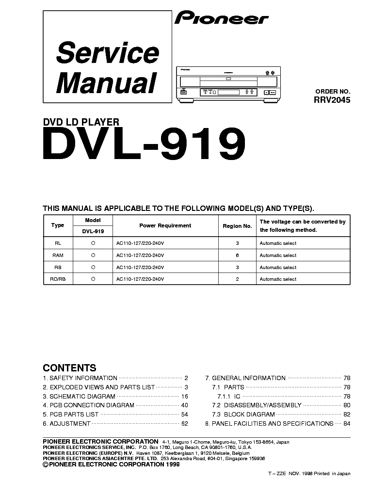 PIONEER DVL-919 RRV2045 service manual (1st page)