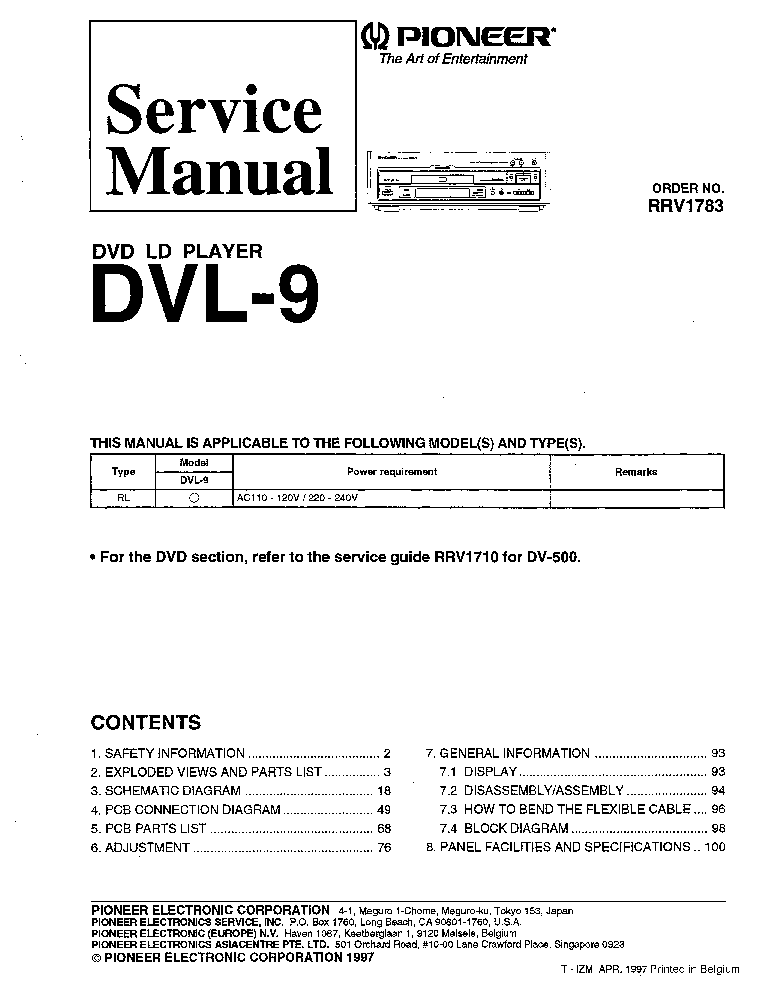 PIONEER DVL-9 RRV1783 Service Manual download, schematics, eeprom, repair  info for electronics experts