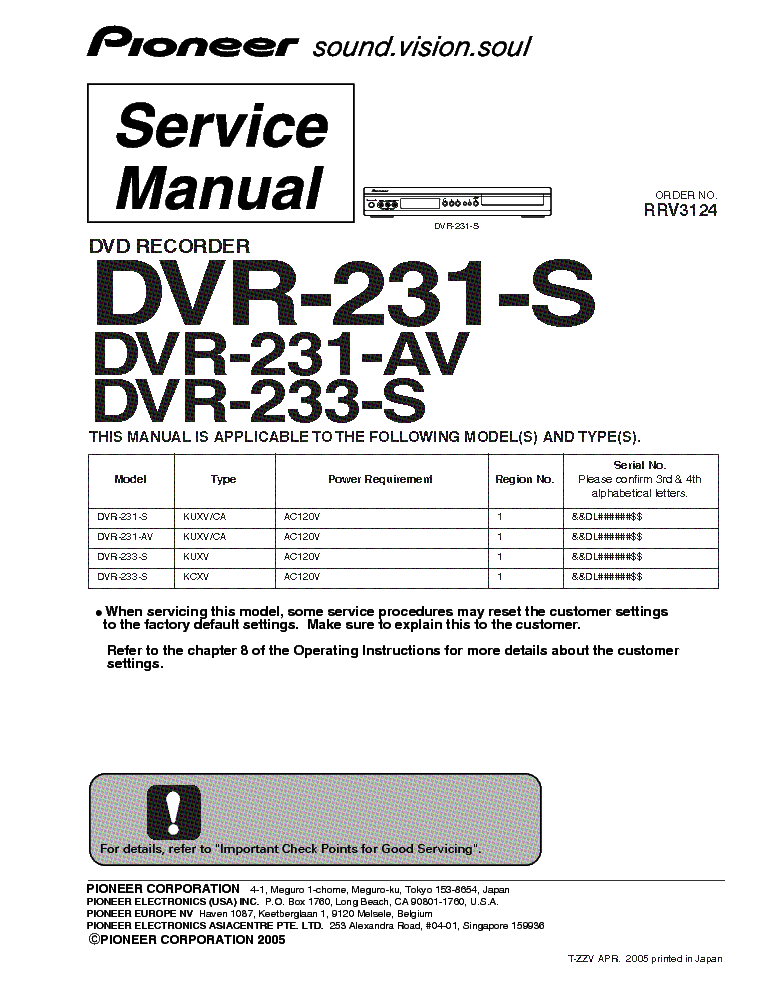 PIONEER DVR-231-S-AV DVR-233-S SM service manual (1st page)