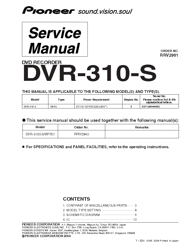 PIONEER DVR-310-S service manual (1st page)