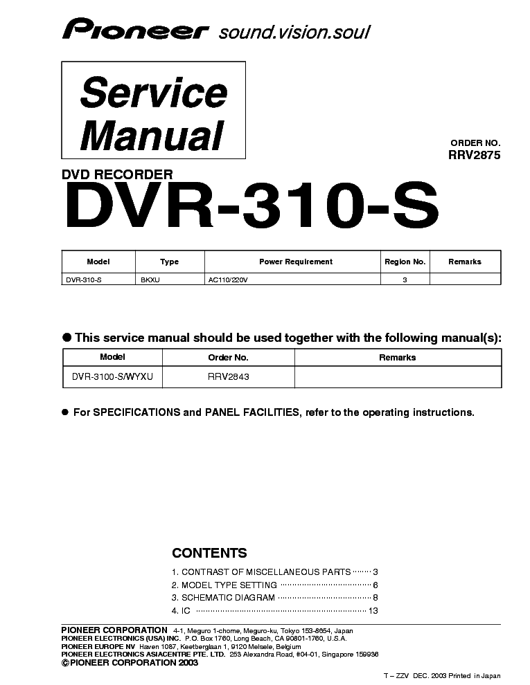 PIONEER DVR-310-S RRV2875 service manual (1st page)