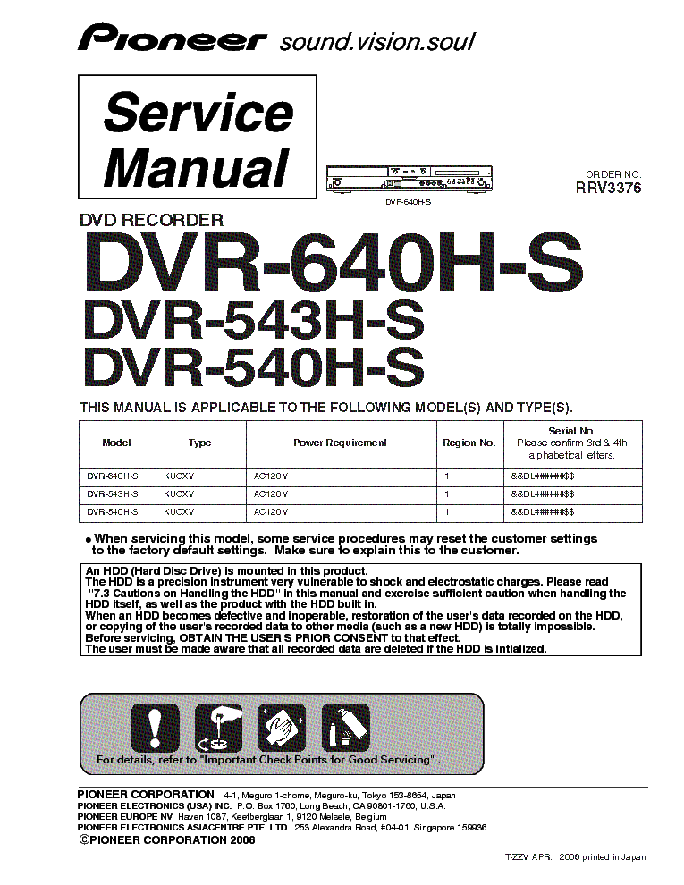 PIONEER DVR-540 543 640H-S RRV3376 SM service manual (1st page)