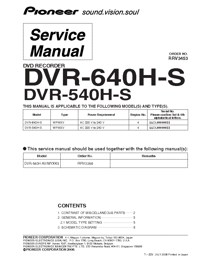 PIONEER DVR-540H-S 640H-S RRV3453 service manual (1st page)