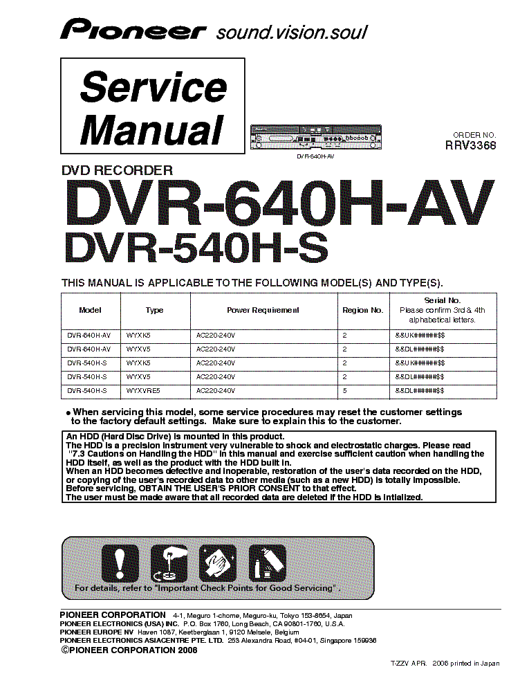 PIONEER DVR-640H-AV DVR-540H-S RRV3368 DVD RECORDER service manual (1st page)