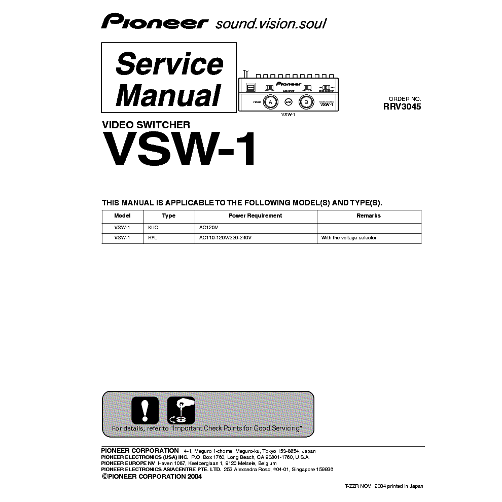 PIONEER VSW-1 VIDEO-SWITCHER service manual (1st page)