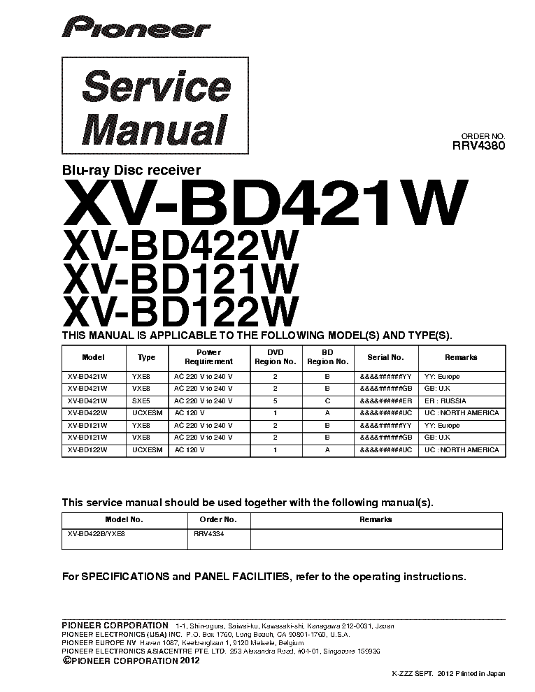 PIONEER XV-BD421W XV-BD422W XV-BD121W XV-BD122W SM service manual (1st page)