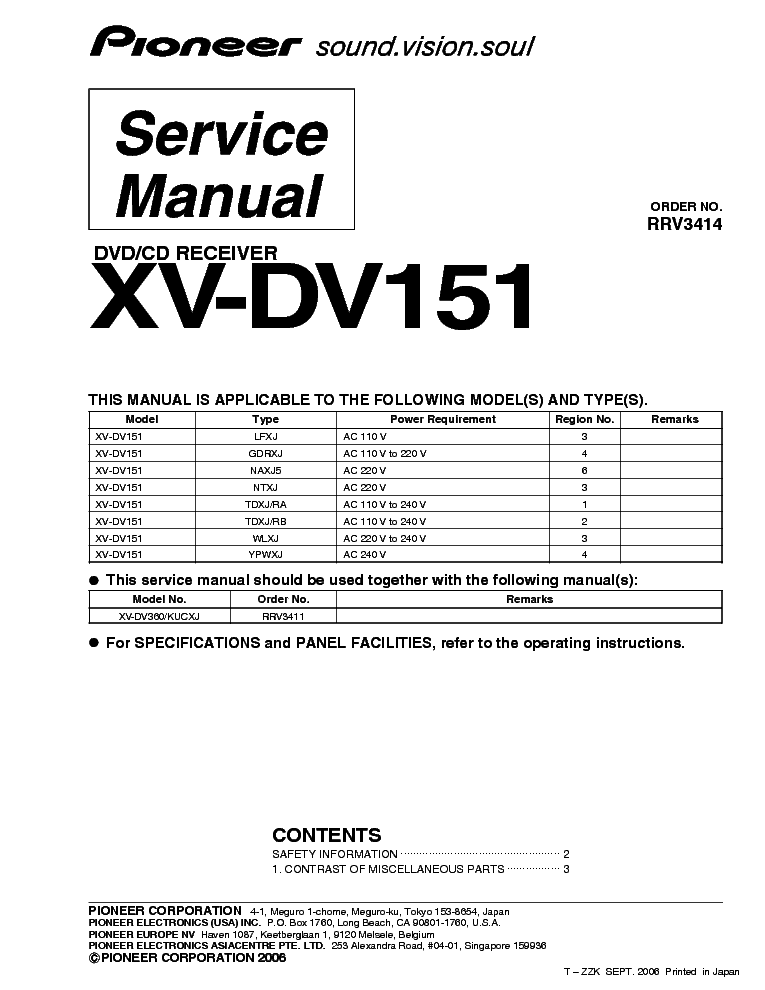 PIONEER XV-DV151 RRV3414 DVD-CD RECEIVER service manual (1st page)