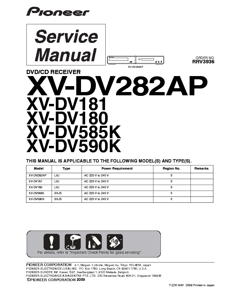 PIONEER XV-DV180 DV180 DV282AP DV585K DV590K service manual (1st page)