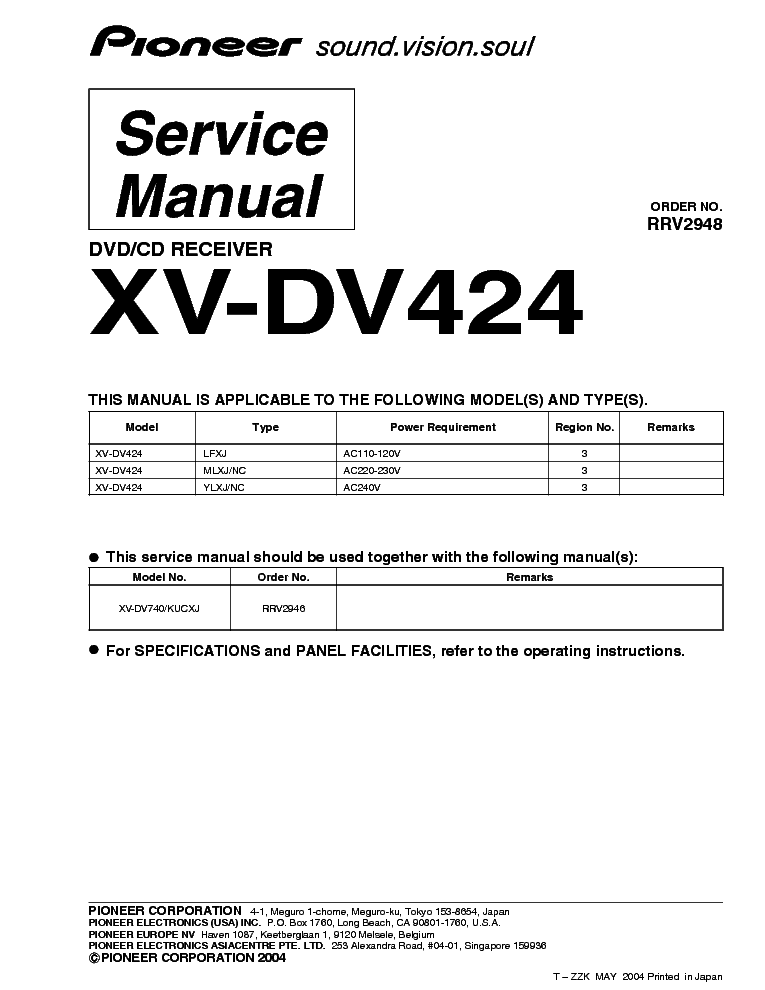 PIONEER XV-DV424 SM service manual (1st page)