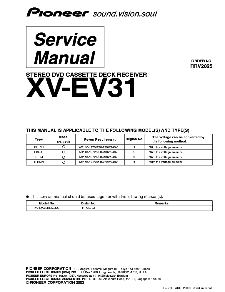 PIONEER XV-EV31 RRV2825 DVD CASSETTE RECEIVER SUPPLEMENT service manual (1st page)