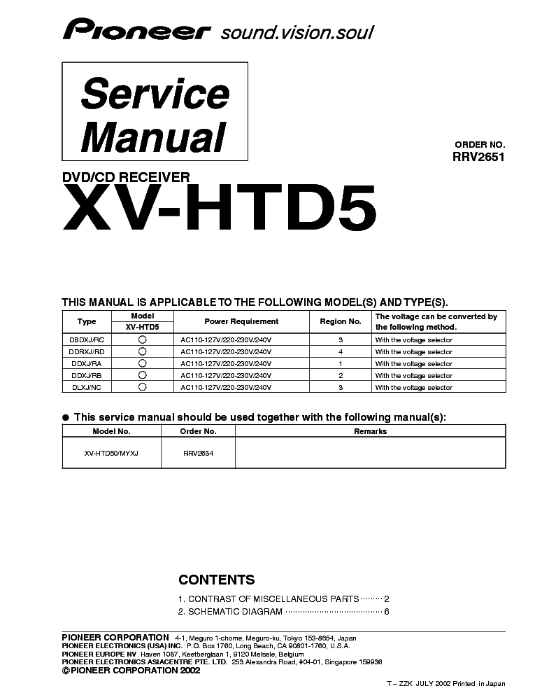 PIONEER XV-HDT5 RRV2651 DVD-CD RECEIVER service manual (1st page)