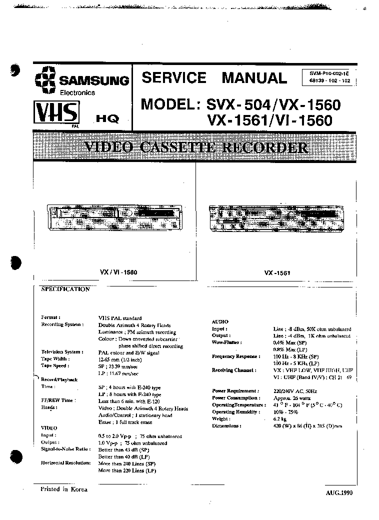 SAMSUNG SVX-504 VX-1560 VX-1561 VI-1560 VCR service manual
