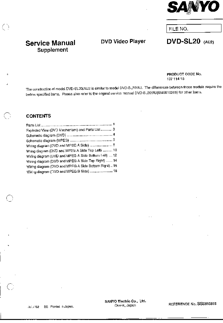 SANYO DVD-SL20 SUPPLEMENT service manual