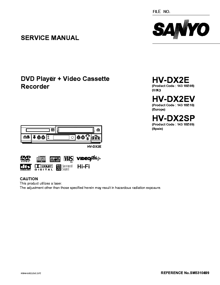 SANYO HV-DX2E HV-DX2EV HV-DX2SP DVD-VCR service manual