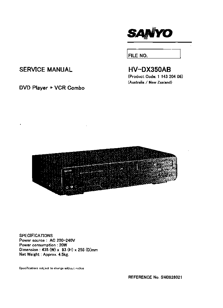 SANYO HVDX350AB DVD PLAYERVCR COMBO SM Service Manual download