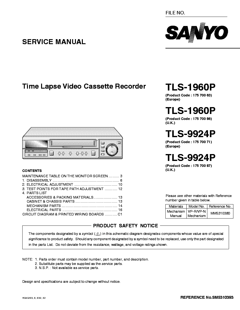SANYO TLS-1960P TLS-9924P SM service manual