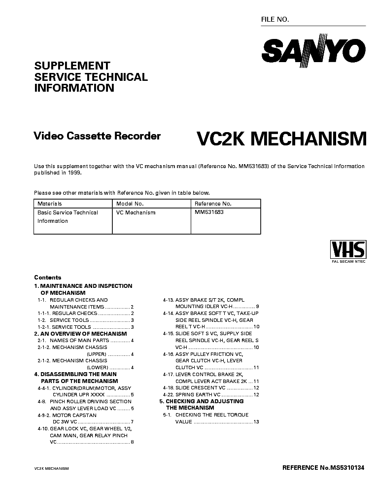 SANYO VC2K VHS-MECHANISM SM service manual
