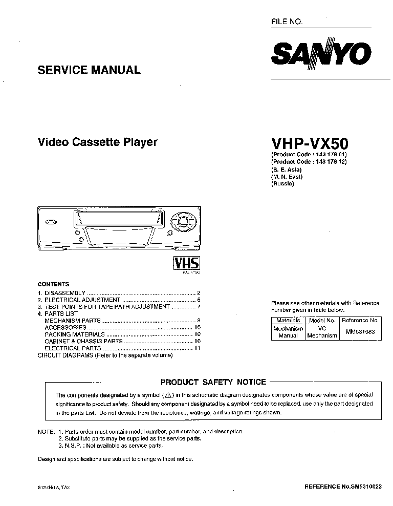 SANYO VHP-VX50 VCR SM service manual