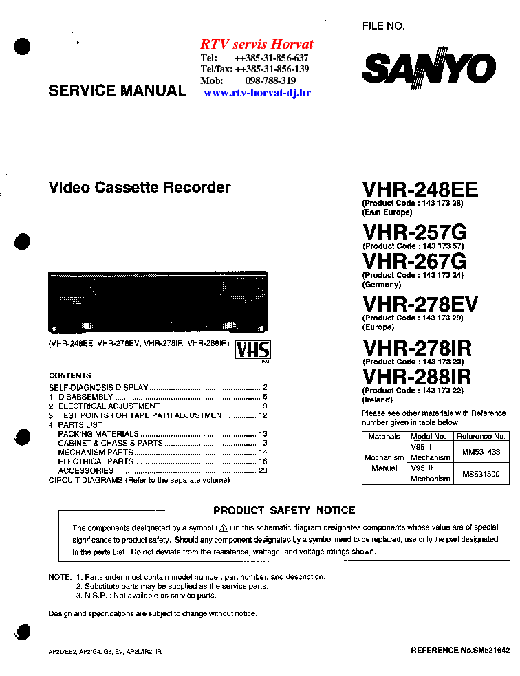 SANYO VHR-248 257 267 278 288 service manual