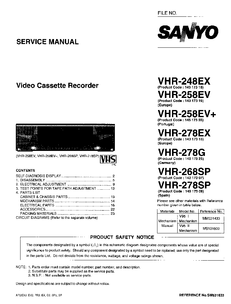 SANYO VHR-248EX VHR-258EV VHR-278EX VHR-278G VHR-268SP VHR-278SP VCR service manual