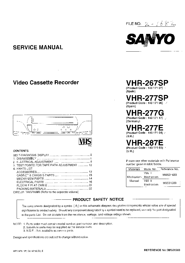 SANYO VHR-267SP 277SP-G-E 287E SM service manual