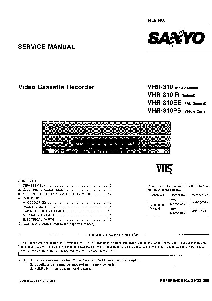 SANYO VHR-310 310EE 310IR 310PS SM service manual