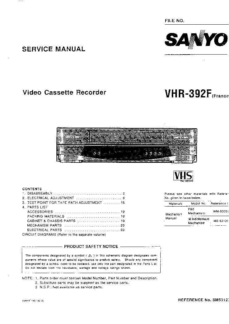 SANYO VHR-392F VCR SM service manual