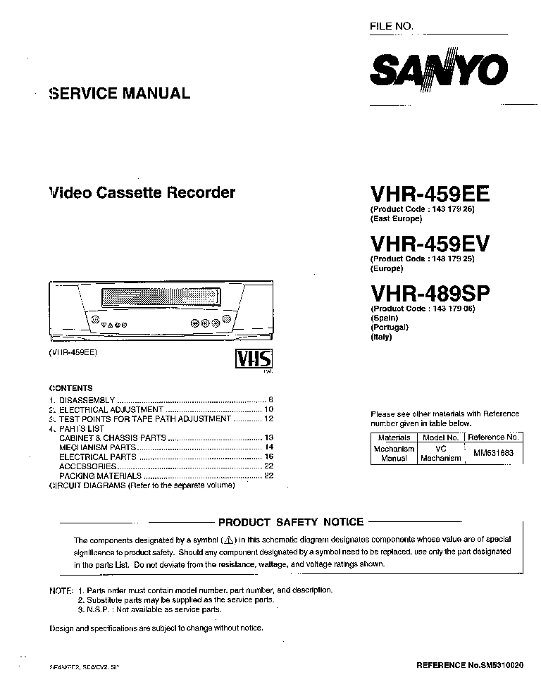SANYO VHR-459 489 service manual
