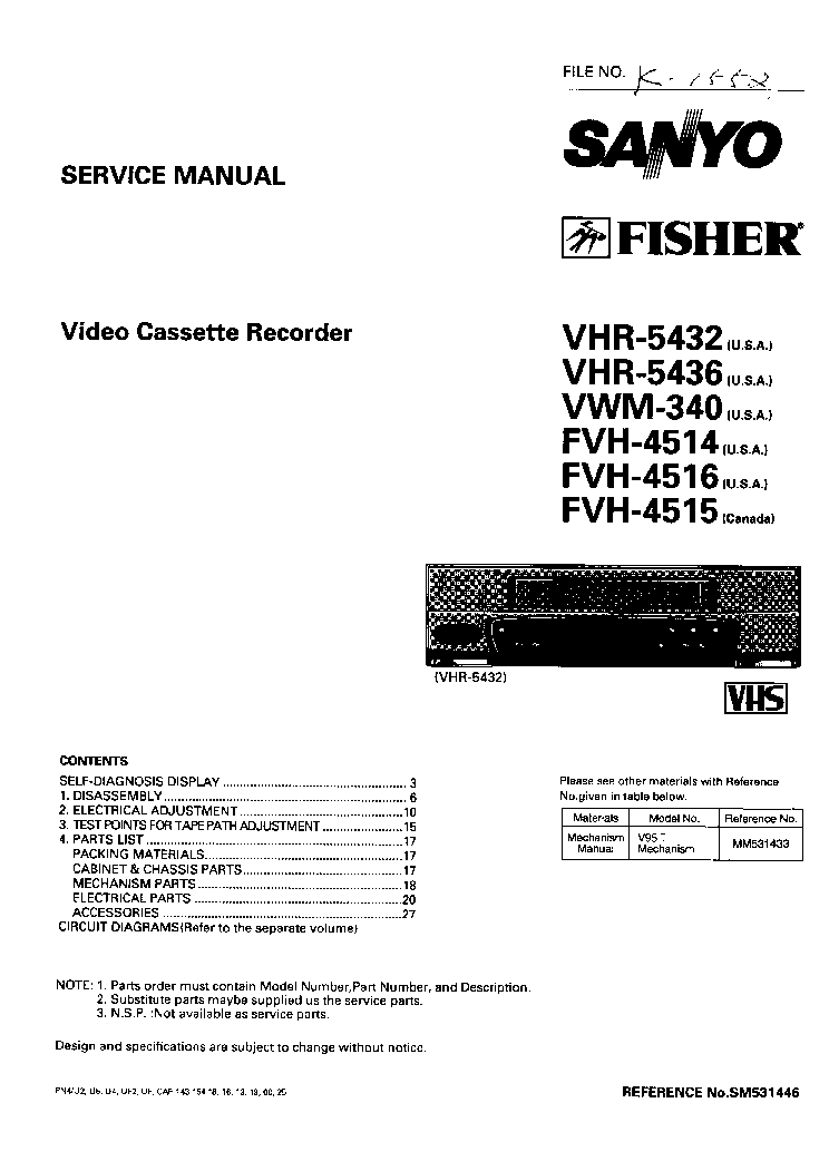 SANYO VHR-5432 VHR-5436 VWM-340 FISHER FVH-4514 FVH-4516 FVH-4515 VCR SM service manual