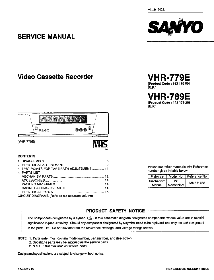 SANYO VHR-779E VHR-789E MECHANISM VC SM service manual