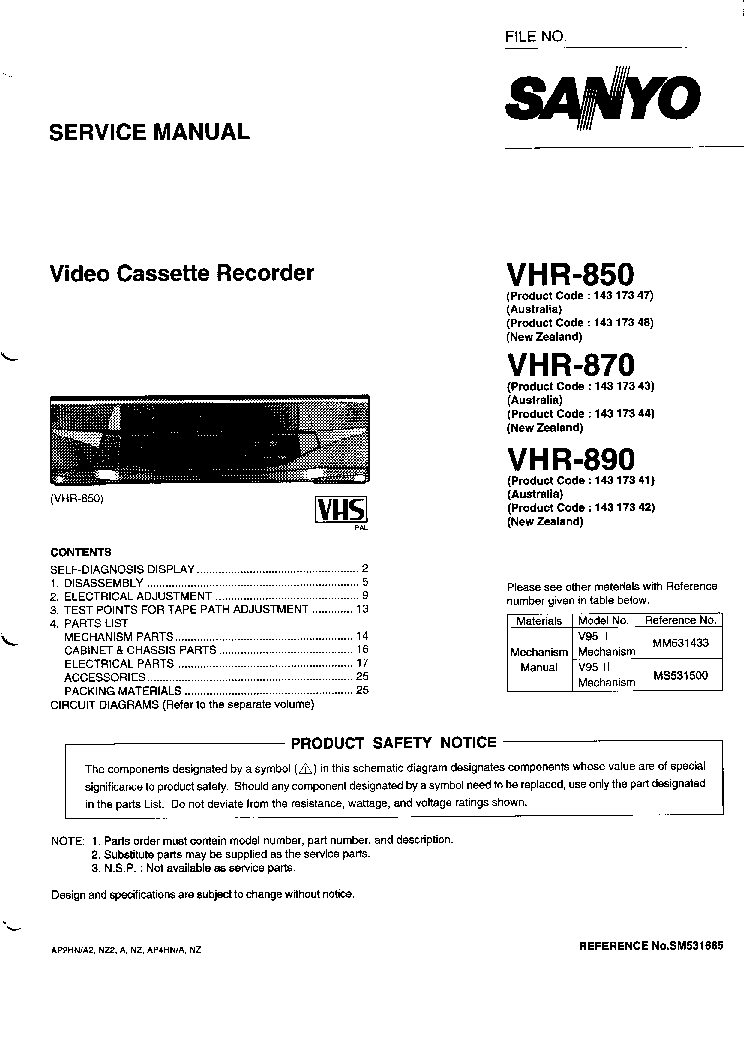 SANYO VHR-850 VHR-870 VHR-890 VHS VCR service manual