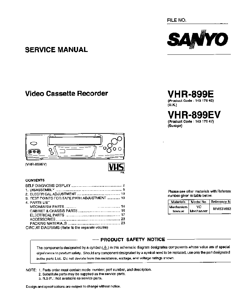 SANYO VHR-899E EV service manual