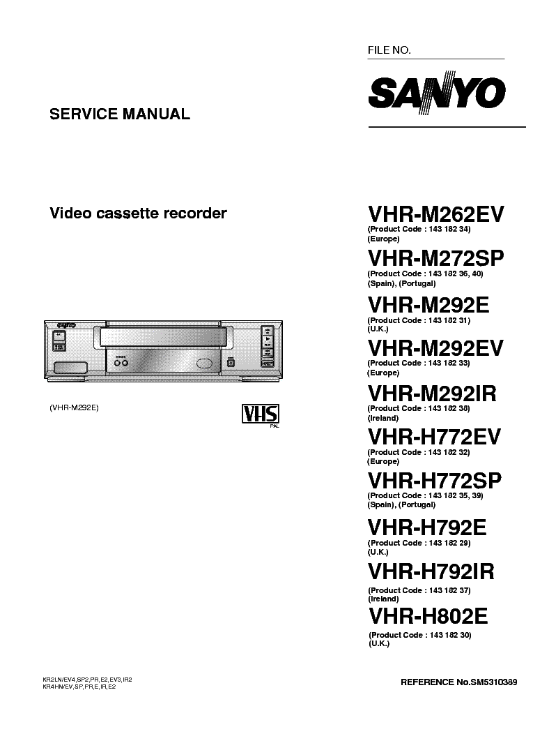 SANYO VHR-M262EV VHR-M272SP VHR-M292E VHR-H772EV VHR-M292EV VHR-M292IR VHR-H772SP VHR-H792E VHR-H792IR VHR-H802E service manual