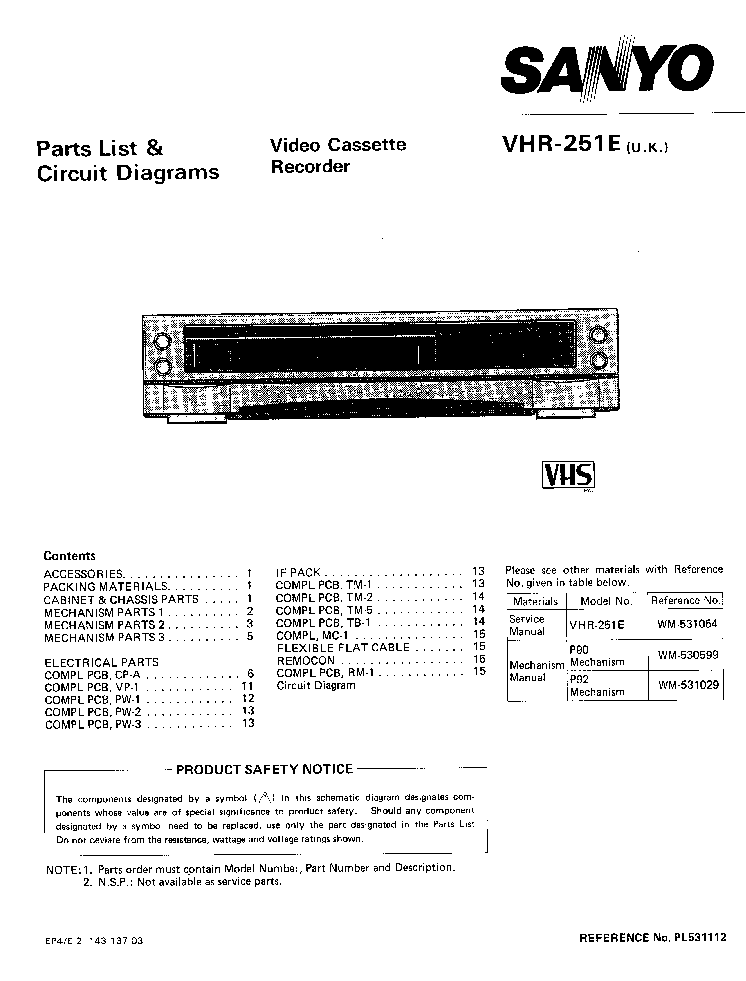 SANYO VHR251E VCR service manual