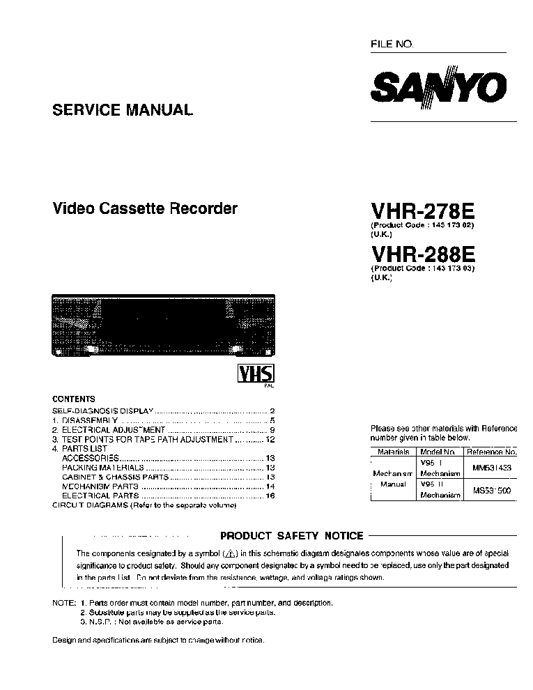 SANYO VHR278E service manual